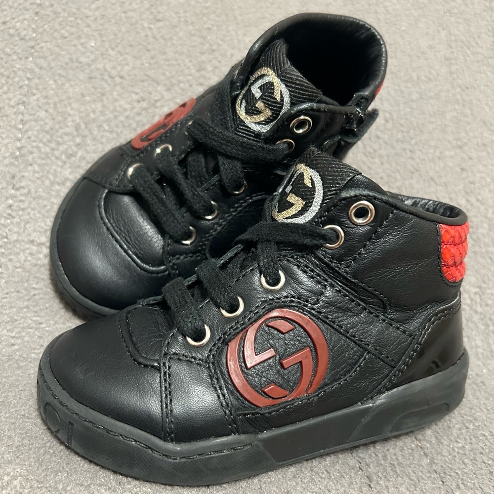 Gucci GG Python High-Top Sneakers Iconic Logo Black Red Toddler Size 21 (US 5.5)